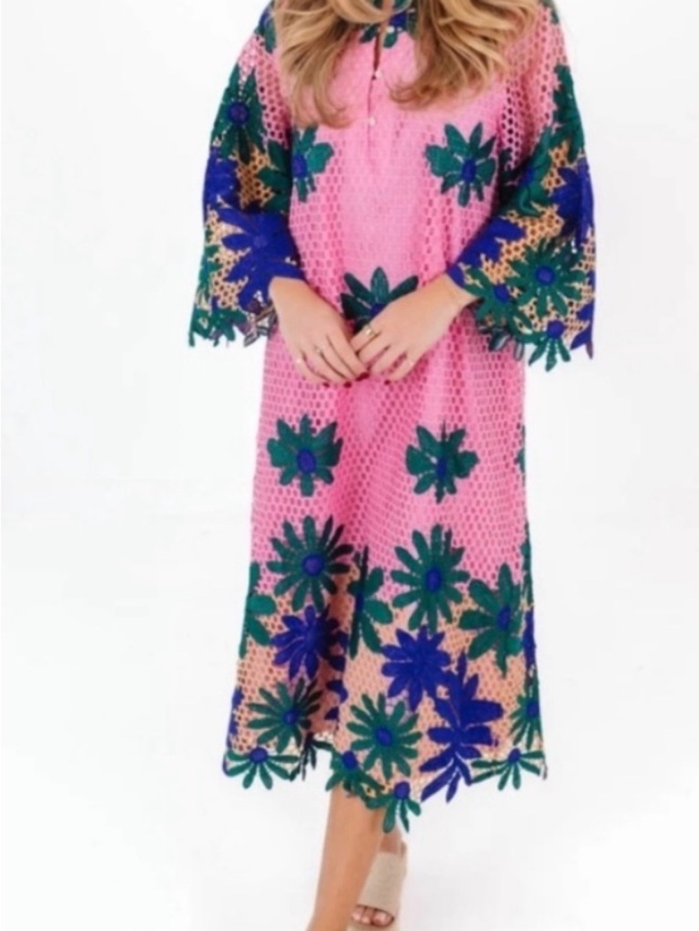 Ladies Pink Crochet Dress with Green & Blue Floral Appliqués